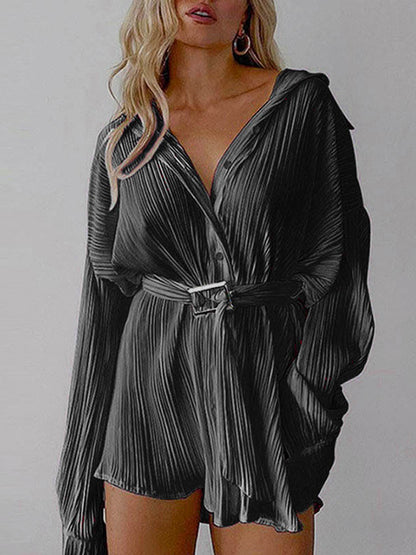 Long Sleeves Buttoned Pleated Color Tied Waist Lapel Mini Dresses Shirt Dress