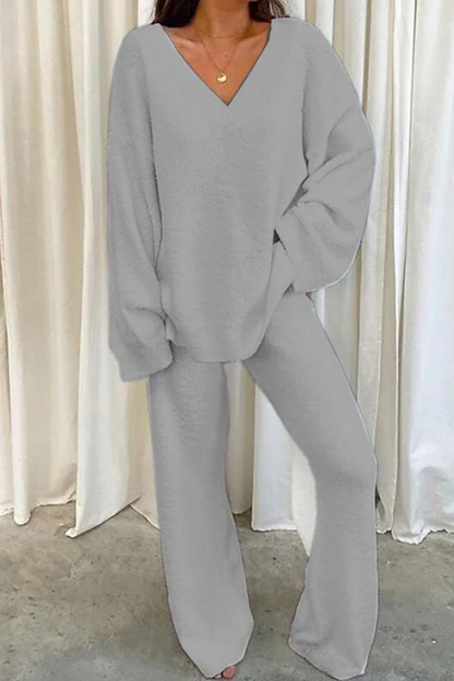 Comfortable Color V-neck Daily Two-piece Set