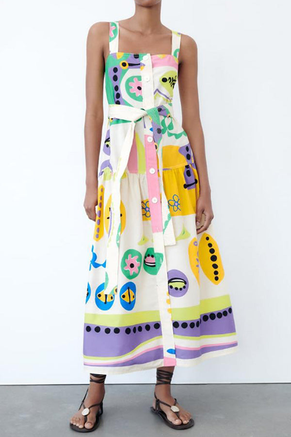 Button-breasted Belted Wide Strap Maxi Dress