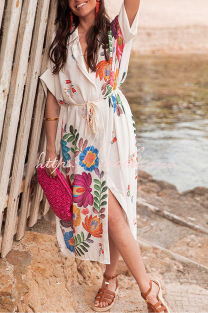 Plant Print Lapel Short Sleeve Waist Tie Loose Vacation Midi Dress
