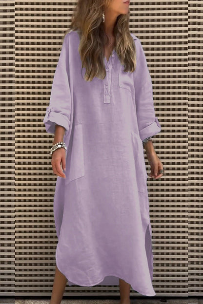 Color Button Pockets Irregular Hem Maxi Dress