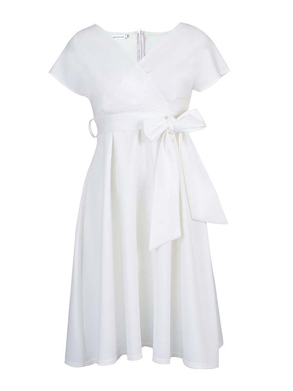 Bowknot Lace-up Color V-neck Midi Dresses