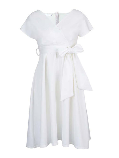 Bowknot Lace-up Color V-neck Midi Dresses