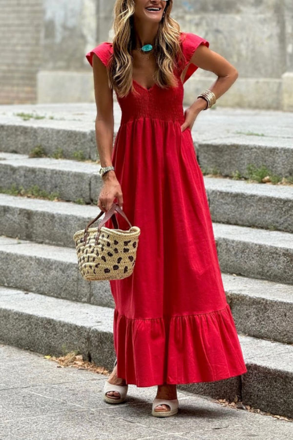 V-neck Waist Ruffled Short Sleeves Loose Hem Long Dress