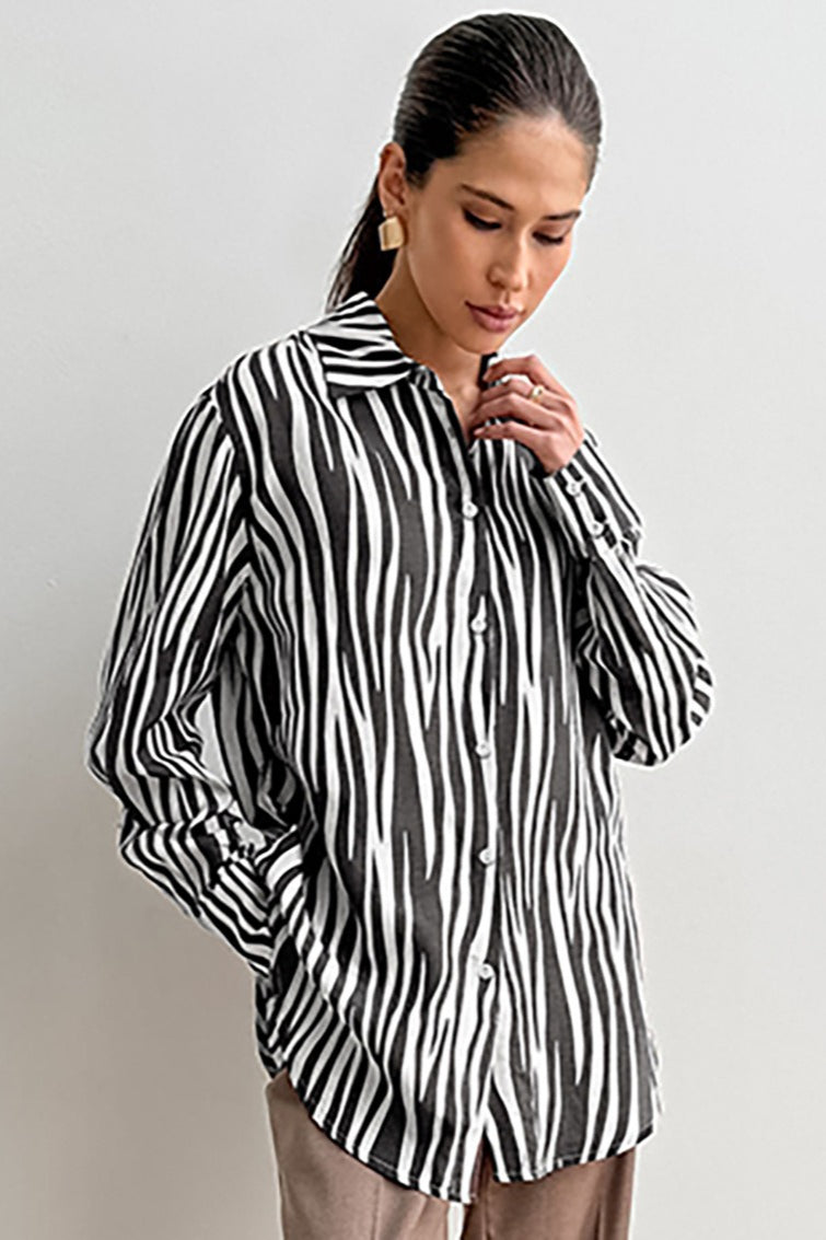 Printed Long Sleeve Loose Fit Blouse