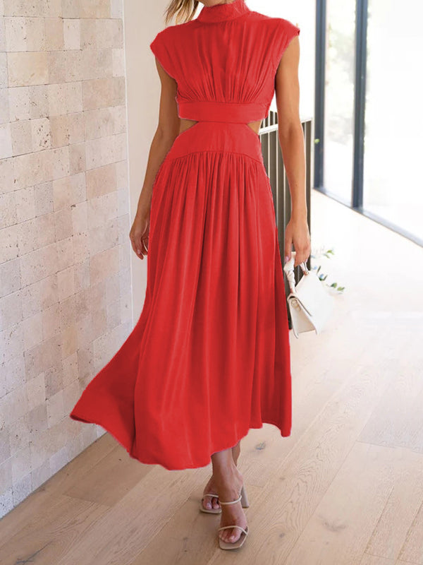 Cap Sleeve Belly-hollow Pleated Color Stand Collar Maxi Dresses