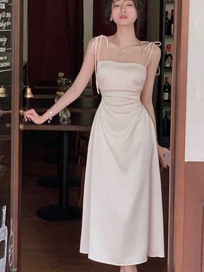 Spaghetti Strap Satin Midi Dress Hollow Out Slim Waist Summer Prom Roe One Piece Vestidos Mujer New