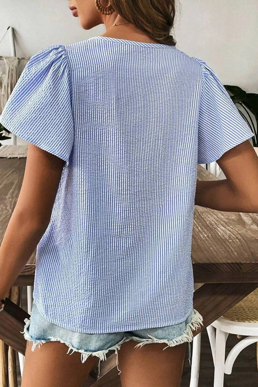 Sky Blue Striped Crochet Applique Blouse