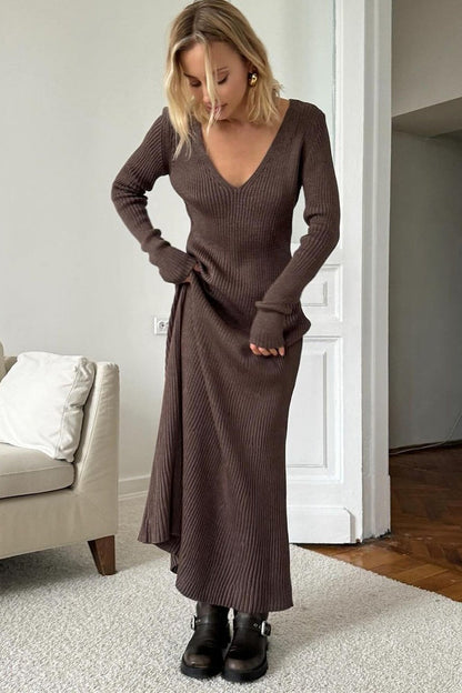 V-neck Long Sleeve Knit Sweater Dress