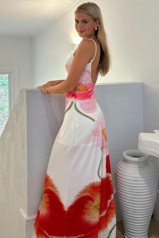 Beach Print Backless Maxi Dress