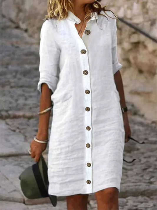 Half Sleeves Loose Buttoned Color Stand Collar Mini Dresses