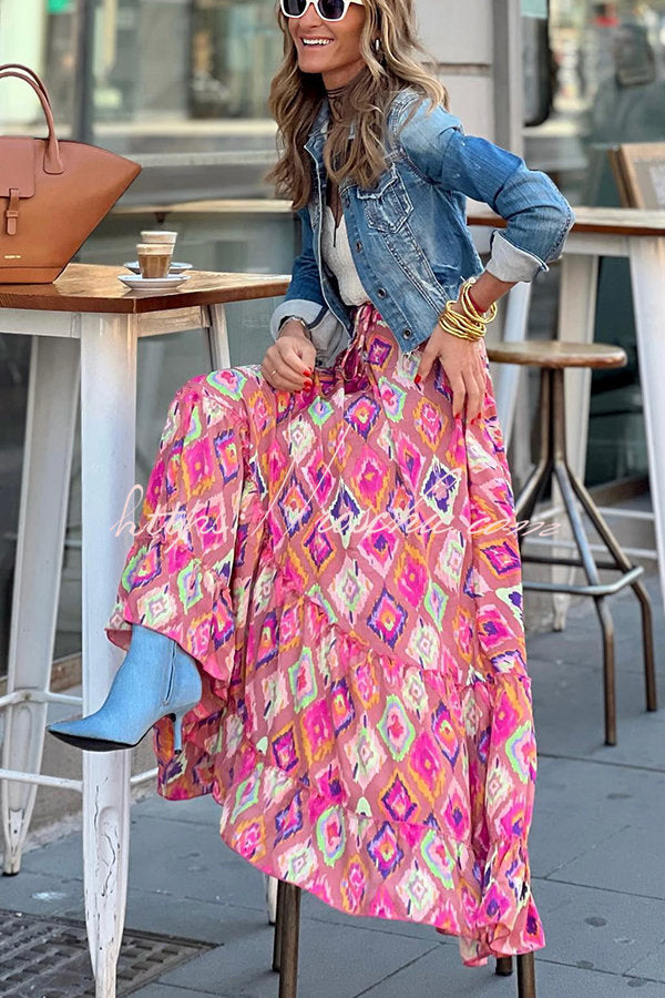 Audrina Print Elastic Waist Tassel Maxi Skirt