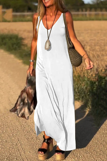 Color V-neck Sleeveless Loose Maxi Dress