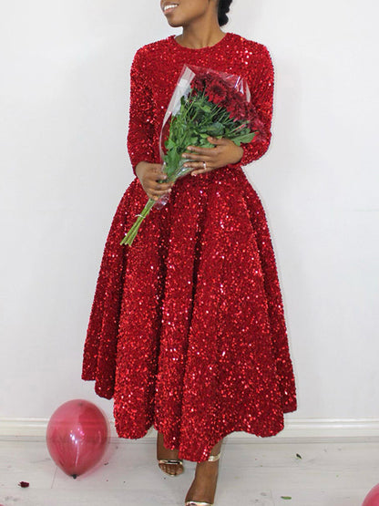 A-line High Waisted Sequined Split-joint Zipper Round-neck Maxi Dresses