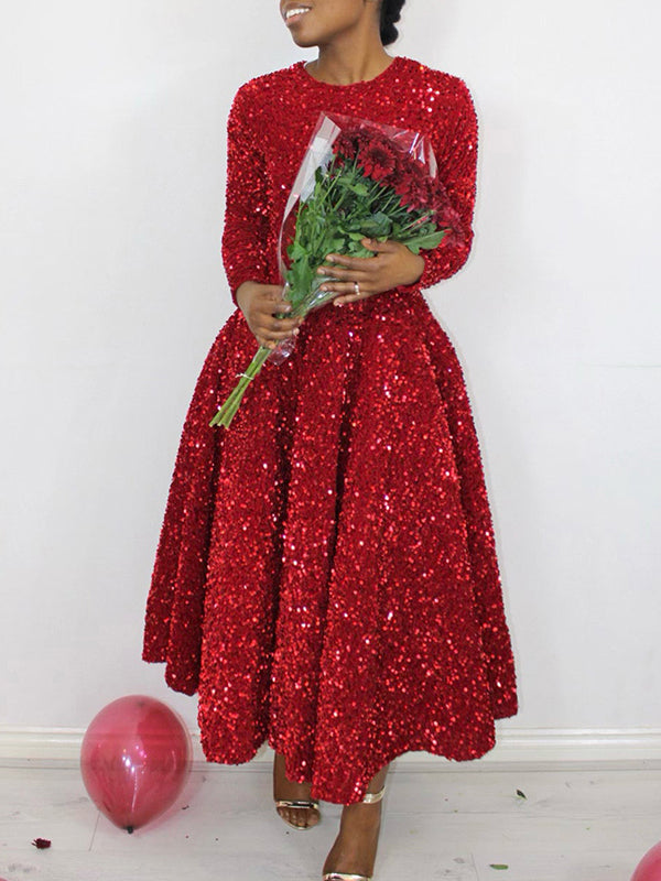 A-line High Waisted Sequined Split-joint Zipper Round-neck Maxi Dresses