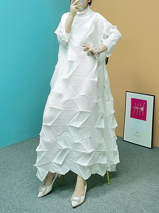 Long Sleeves Loose Pleated Color Stand Collar Maxi Dresses