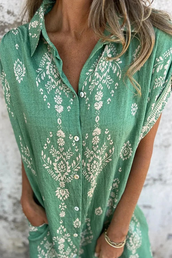 Linen Blend Unique Print Lapel Pocket Mini Dress