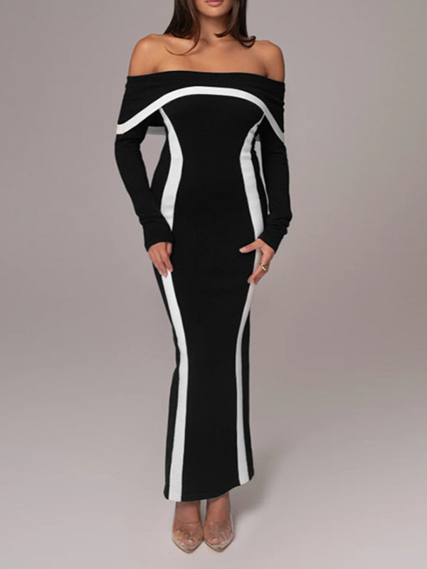 Bodycon Long Sleeves Contrast Color Split-joint Off-the-shoulder Evening Dresses Maxi Dresses
