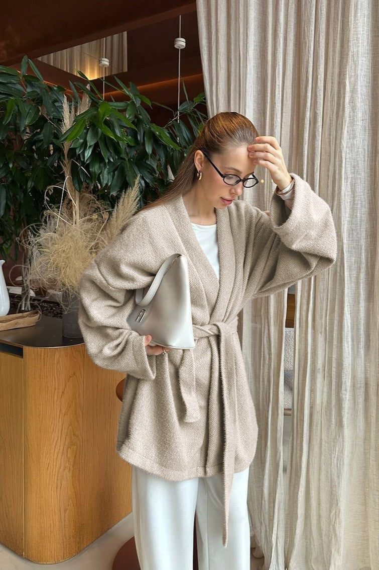 Tie-waist Wool Blend Midi Coat