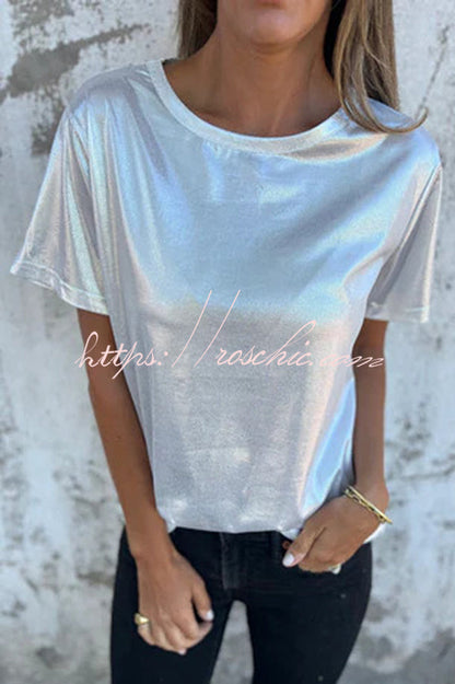 Metallic Color Round Neck Short-sleeved Loose T-shirt