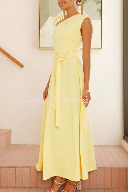 Color Sloped Collar Slim Fit Waist Lace Up Full Hem Maxi Dress