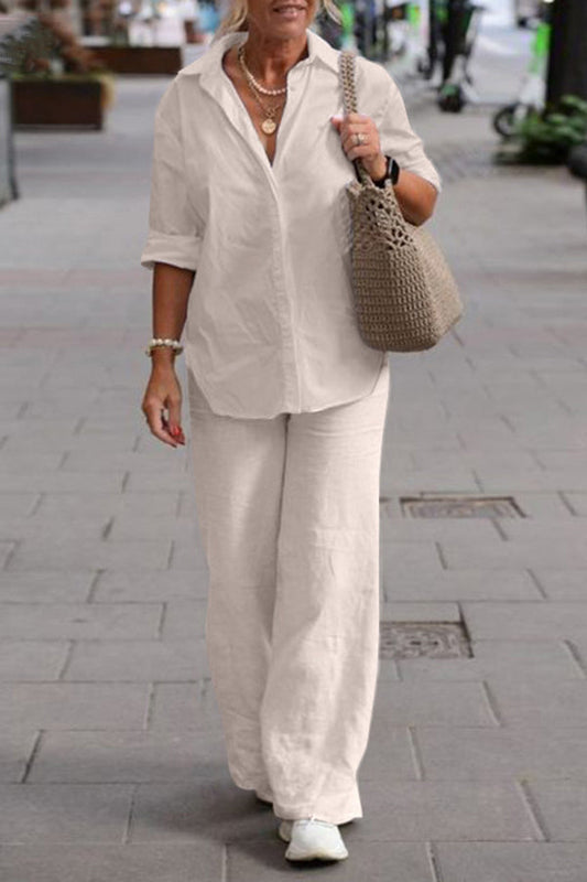 Color Long-sleeved Shirt and Elastic Waisted Loose Wide-leg Pants Set