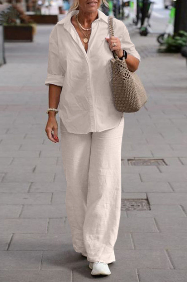 Color Long-sleeved Shirt and Elastic Waisted Loose Wide-leg Pants Set