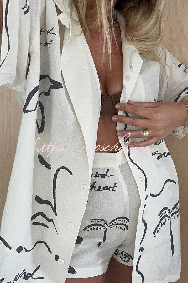 Free and True Linen Blend Hand-painted Print Blouse and Pocketed Shorts Set
