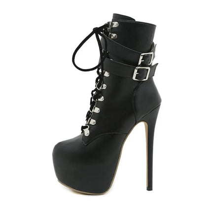 Liyke Buckle Strap Extreme High Heels Platform Boots – Round Toe Cross Lace Up Party Club Stripper Shoes