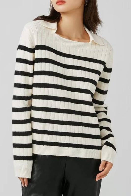 Lapel Loose Striped Knit Sweater