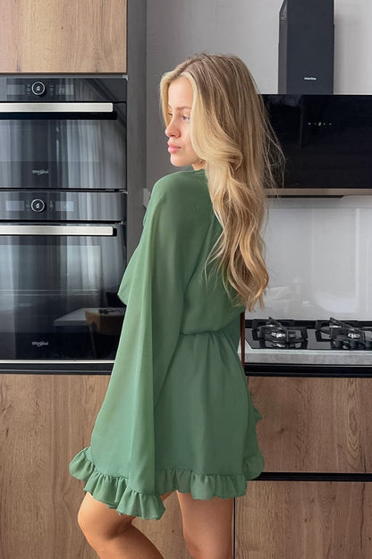 Lace Up Sleeve Ruffle Mini Dress