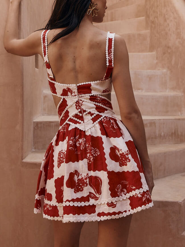 Decorative Unique Print V-neck Hollow A-line Mini Dress