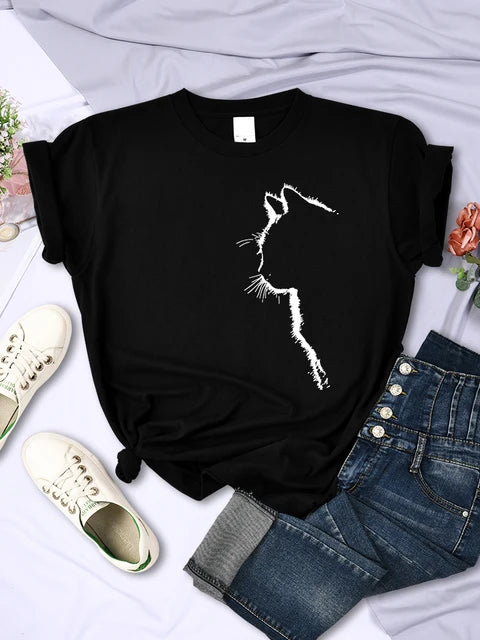 Simple Strokes of Cat Funny Printed T-shirt Short Sleeve O-neck Personality Street Tee Clothing Summer Tops
