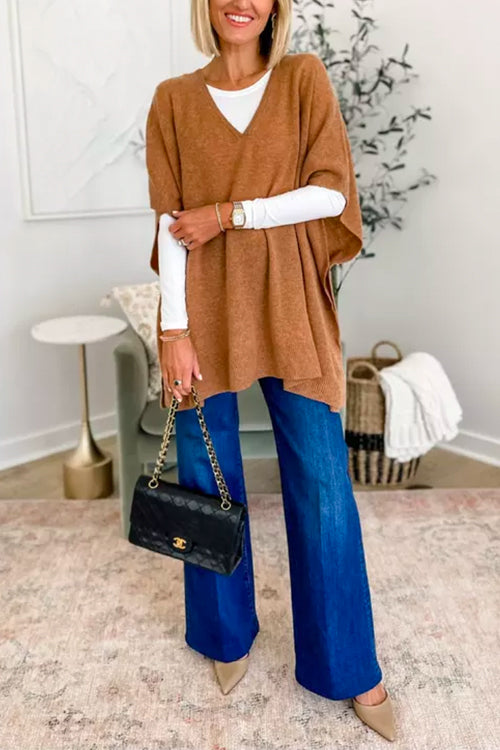 Chicest V Neck Loose Fit Poncho Sweater