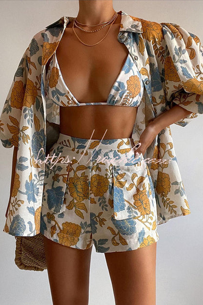 Hawaii Beach Oversized Blouse With Cami Bra and Pocketed Short Set
