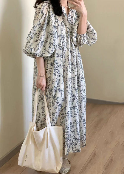 Button Print Tie Waist Cotton Long Dress Summer Qp057