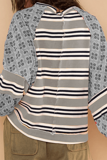 Striped Print Flowers Contrast O Neck Hoodies
