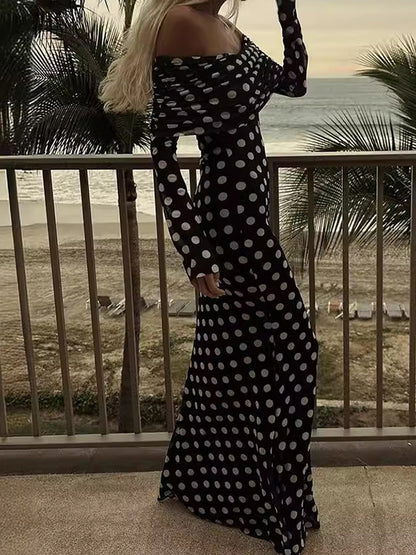 Long Sleeves Skinny Pleated Polka-dot Split-joint Tube Maxi Dresses