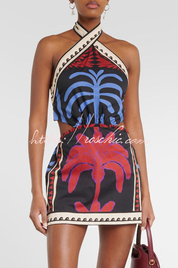 Unique Printed Halterneck Resort Beach Mini Dress