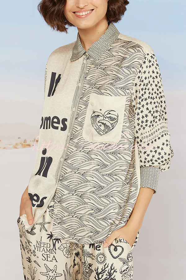 Take Me to the Ocean Satin Unique Print Long Sleeve Shirt and Elastic Waist Pocketed Pants Set