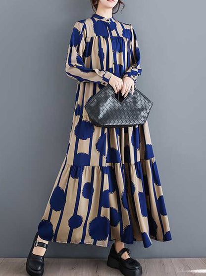 A-line Long Sleeves Buttoned Pleated Polka-dot Split-joint Stand Collar Maxi Dresses Shirt Dress