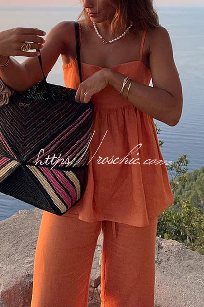 Color Suspender Loose Top and Elastic Waist Wide Leg Pants Set