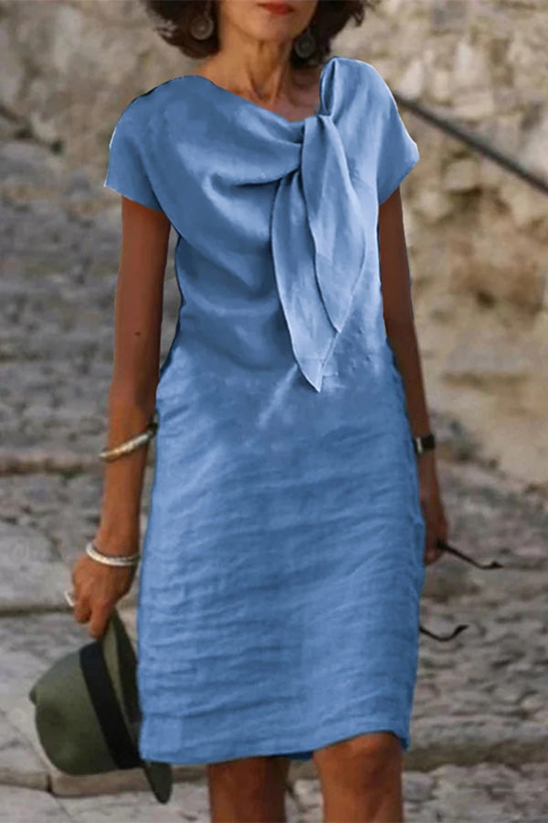 Linen Blend Short-sleeved Adjustable Tie-neck Mini Dress