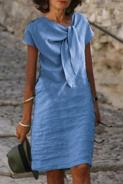 Linen Blend Short-sleeved Adjustable Tie-neck Mini Dress