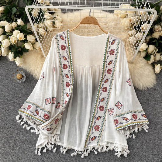 White Embroidered Three-quarter Sleeves Splicing Tassel Cardigan Ar1023