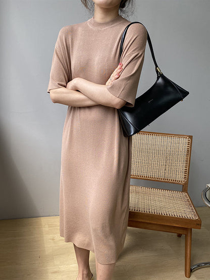 Temperament Round-neck Mauve Split-joint Short Sleeve Sweater Dress An1057