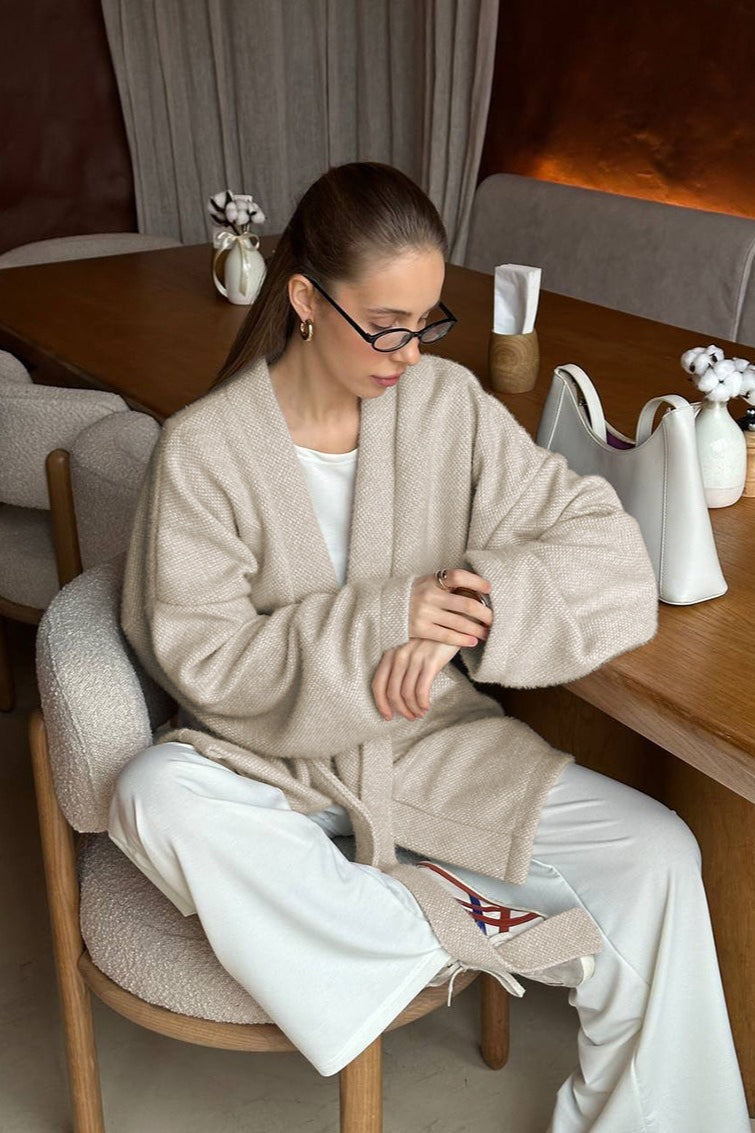 Tie-waist Wool Blend Midi Coat