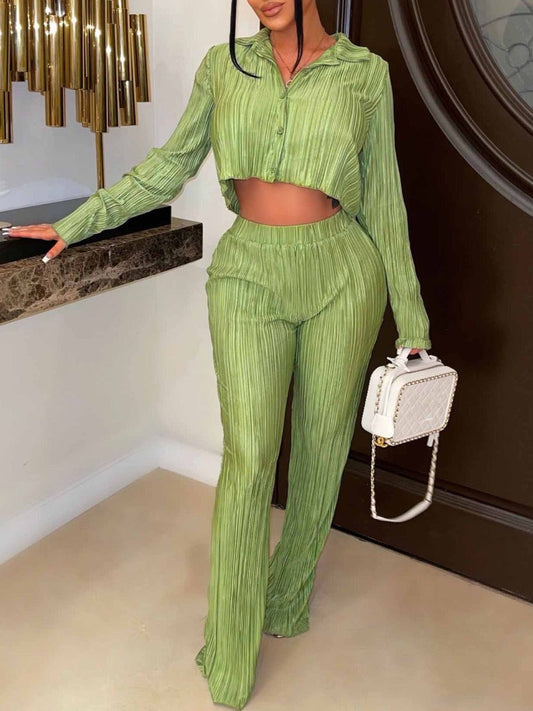 Basics Crop Top Lettuce Trim High Waist Pants Set Bo3027