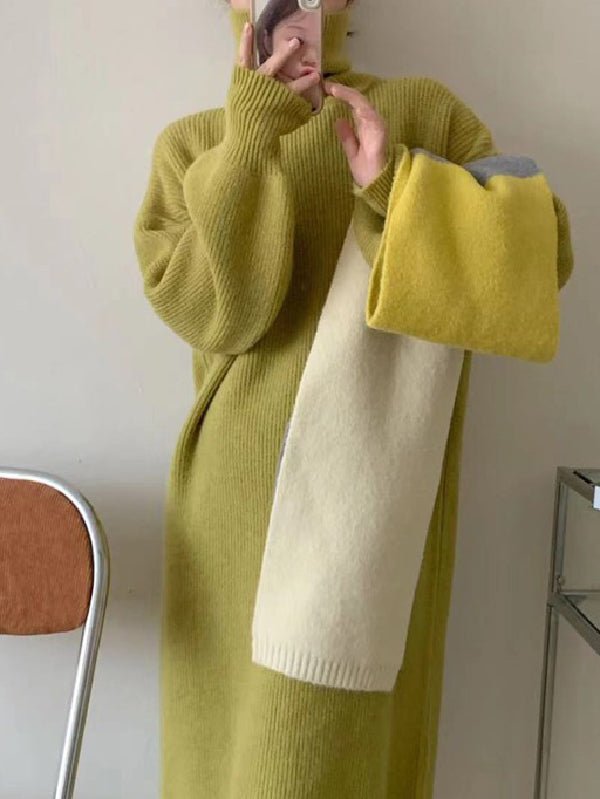 Long Sleeves Loose Color High Neck Midi Dresses Sweater Dresses