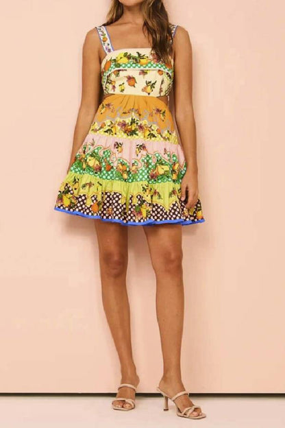 Summer Multicolorlemon Preated Hem Mini Dress